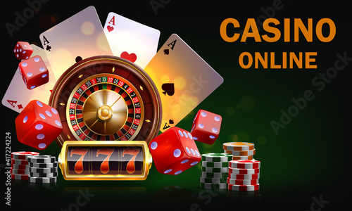 Casino Illustration with roulette wheel and playing chips. Vector gambling design with poker cards and dices for invitation or promo banner.Online casino.Layered illustration.