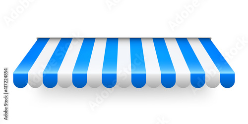 Blue shop sunshade isolated on white background. Realistic striped cafe awning. Outdoor market tent. Roof canopy. Summer street store. Vector illustration.
