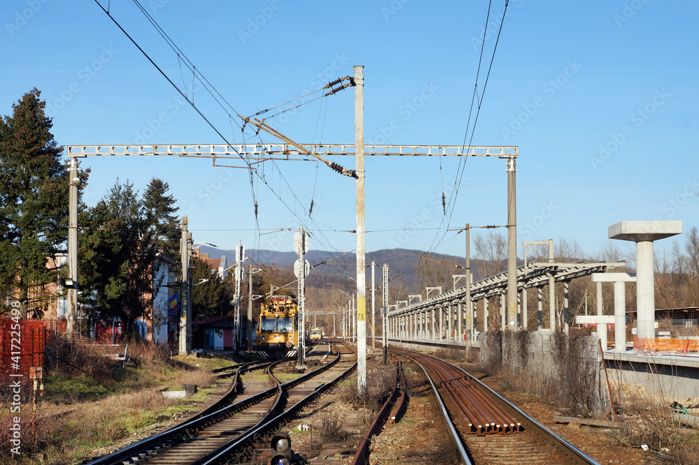 Obraz premium Structures of a new railway platform under construction in Lipova, Romania, Europe