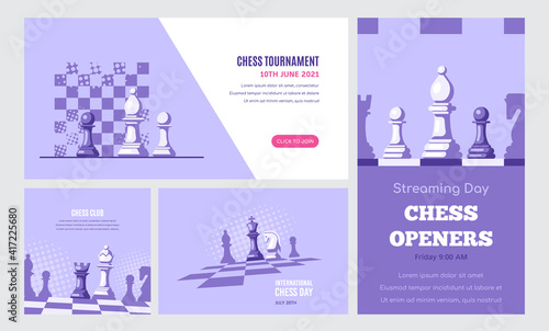 Set of Banner Templates of Different Sizes. Chess Club, Chess Tournament, International Chess Day, Online Chess Streaming