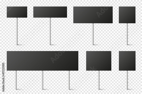 Black blank board with place for text, protest signs set isolated on transparent background. Realistic demonstration or advertising banner. Strike action cardboard placard mockup. Vector illustration.
