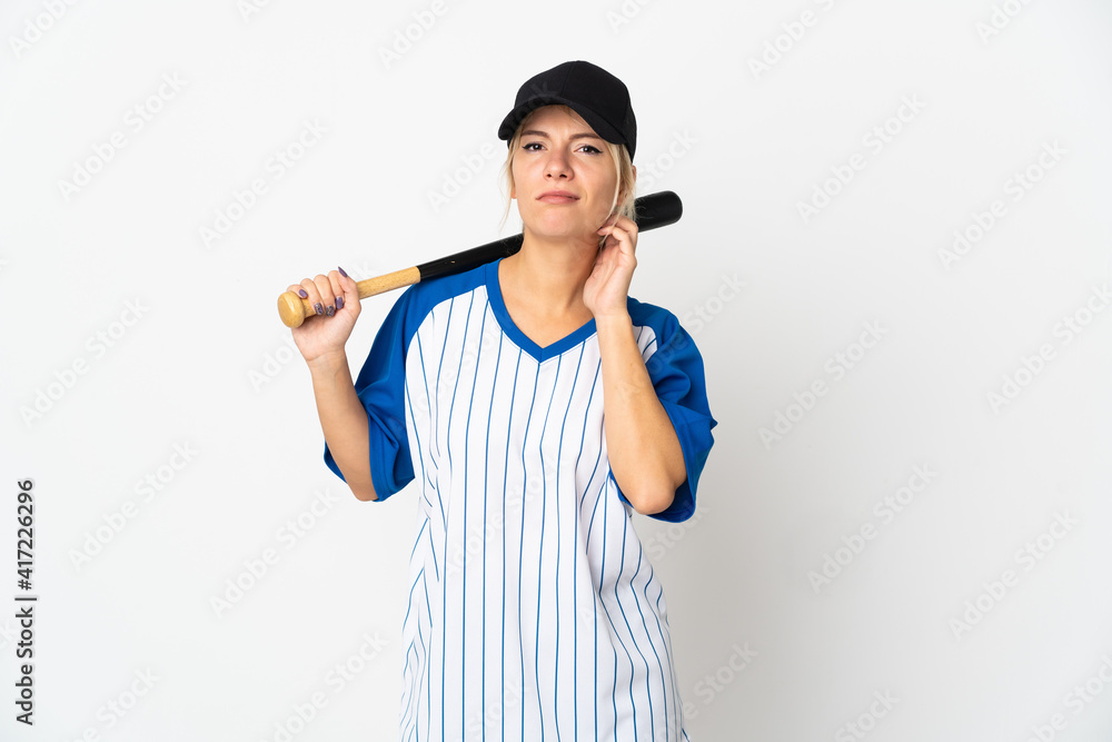 Young Russian woman playing baseball isolated on white background having doubts Young Russian woman playing baseball isolated on white background having doubts