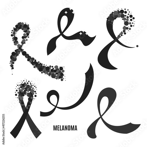 Melanoma skin cancer awareness ribbon collection set. Black bows made of dots for support and solidarity concept. Medical concept. Vector illustration.