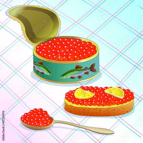 Red caviar of fish from the salmon family. Caviar sandwich. Bank of pink salmon caviar. Sushi caviar.