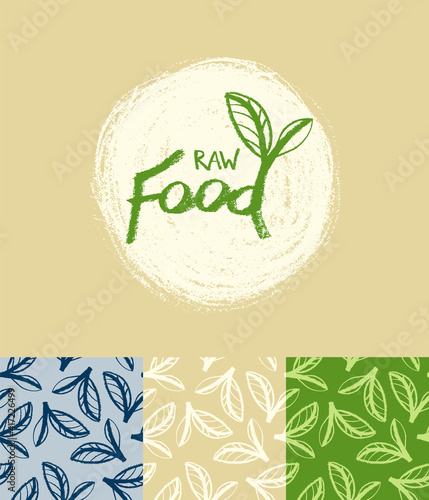 Vector Green seamless pattern for organic cosmetic design, vegetarian cooking banner. Vegan background with leaf ornament for eco store and healthy eating banner, organic product label design.