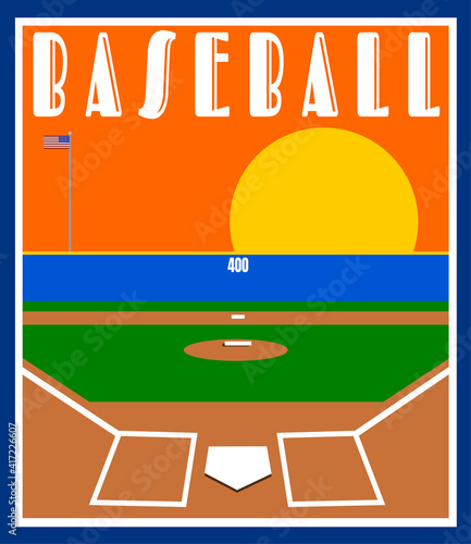 Retro baseball design with sunset and feild