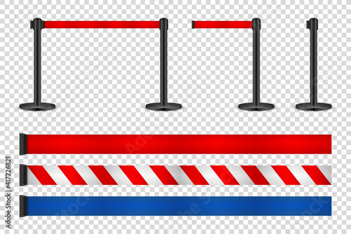 Realistic retractable belt stanchion on transparent background. Crowd control barrier posts with caution strap. Queue lines. Restriction border and danger tape. Vector illustration.