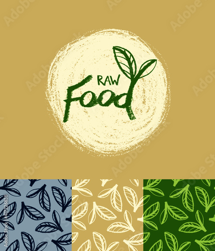 Vegan background with leaf ornament for eco store and healthy eating banner, organic product label design. Vector Green seamless pattern for organic cosmetic design, vegetarian cooking banner.