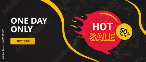 Horizontal banner. One day Only, with the ordering of a button. A fiery Hot Sale Sign. For web design. The concept of fast food.