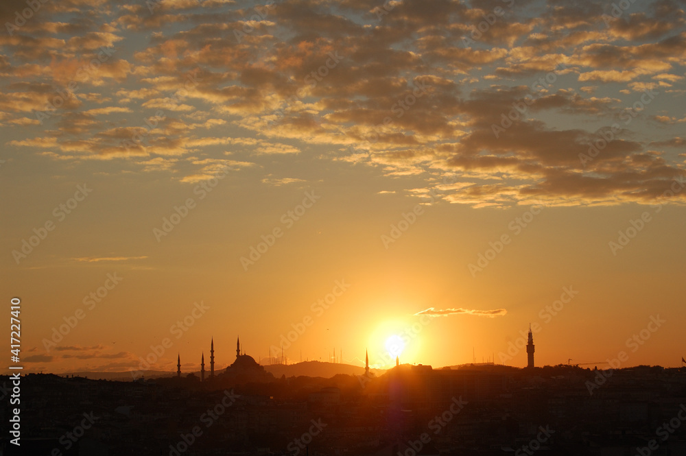 Sunrise in Istanbul (Turkey). Minarets and domes of mosques