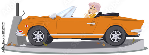 Girl in car accident. Broken auto. Illustration for internet and mobile website.