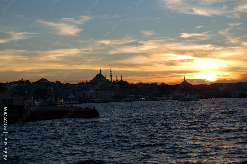 Istanbul (Turkey). Night cruise on the Bosphorus. Golden Horn. Sunset.