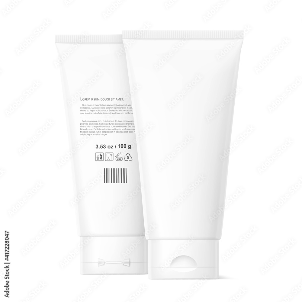 Blank plastic tube mockup for cosmetics with cap. Face and rear side. Vector illustration isolated on white background. Can be use for your design, advertising, promo and etc. EPS10. Blank plastic tube mockup for cosmetics with cap. Face and rear side. Vector illustration isolated on white background. Can be use for your design, advertising, promo and etc. EPS10.