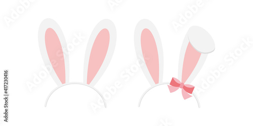 Easter bunny rabbit ears headband vector icon set isolated on white background. Cute girl and boy hair band mask illustration. Flat cartoon easter card design element. Spring hare ear hair accessory.