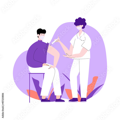 Coronavirus vaccination, doctor injecting a patient, getting shot of covid-19 vaccine. A nurse giving a coronavirus vaccine to an man, concept illustration for immunity health.