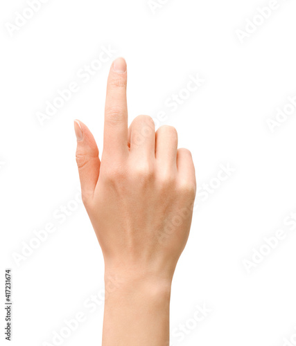 female hand pointing upwards on isolated white background