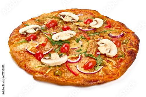 Pizza capricciosa, pizza with mushrooms and olives, isolated on white background. High resolution image