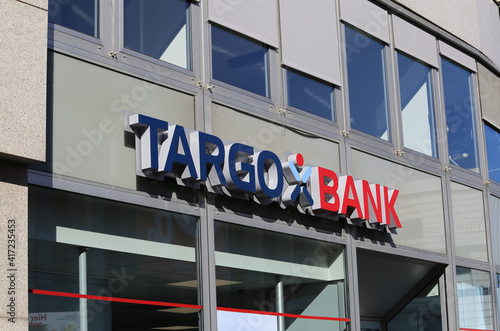 Düsseldorf, Germany - February 9. 2021: View on sign with logo lettering of targo bank at store front