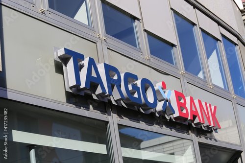 Düsseldorf, Germany - February 9. 2021: View on sign with logo lettering of targo bank at store front