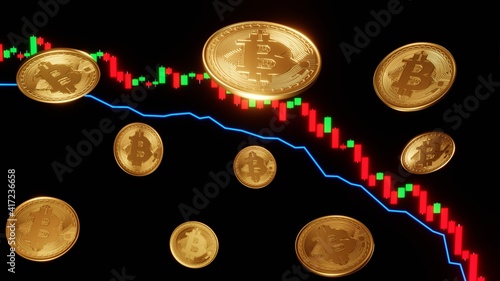 Falling bitcoin coins in front of a diagram showing the decreasing value of bitcoin, 3d illustration