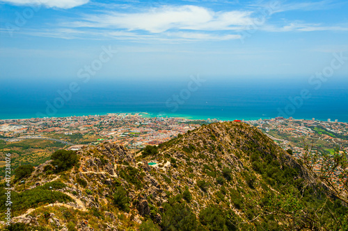 Panoramic view of the town of Benalmadena and Costa del Sol coastline, Malaga Province, Spain