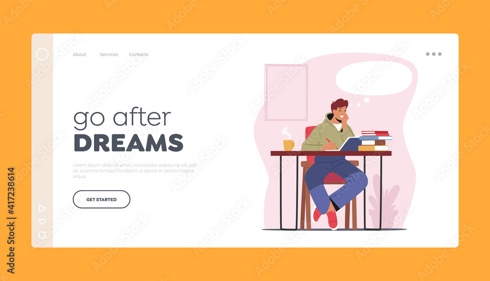 Thoughtful Male Character Dreaming Landing Page Template. Man Imagine Something Pleasant with Empty Bubble Thoughtful Male Character Dreaming Landing Page Template. Man Imagine Something Pleasant with Empty Bubble