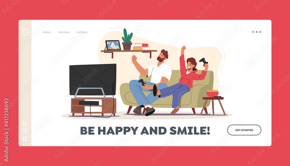 Little Boy with Dad Playing Video Games Landing Page Template. Happy Characters Sitting front of Tv Set with Joysticks