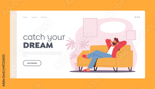 Dreaming, Relaxed Sparetime Landing Page Template. Male Character in Home Clothes Sit in Comfortable Sofa Yawning