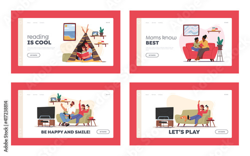 Happy Family Sparetime Landing Page Template Set. Children and Parents Spending Time at Home Together, Dad and Mom