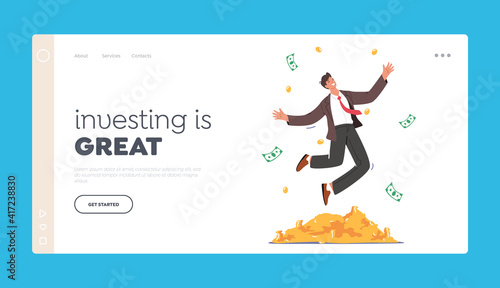 Business Growth, Wealth and Prosperity Landing Page Template. Rich Business Man Character Jump on Pile of Gold Coins