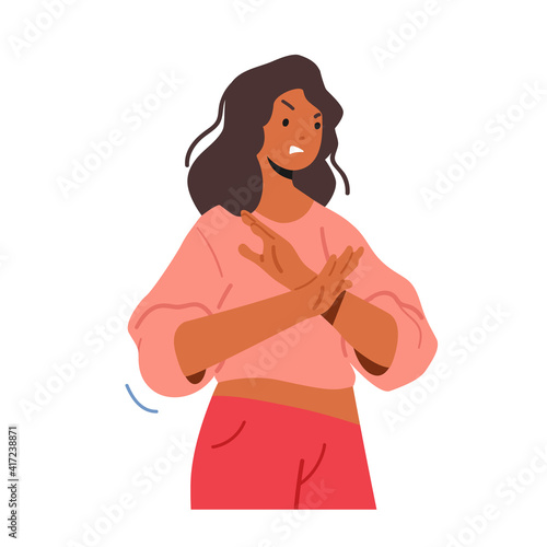 Angry Female Character Wearing Fashioned Wear Showing Refusal or Stop Gesture with Crossed Hands front of Breast