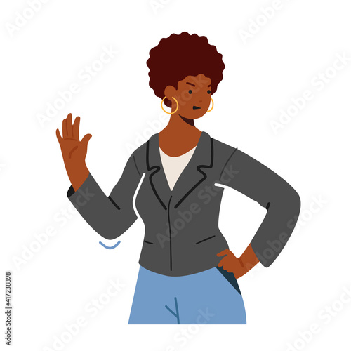 African Female Character in Formal Wear Showing Refusal or Stop Gesture with Open Hand Palm Expressing Negative Emotion