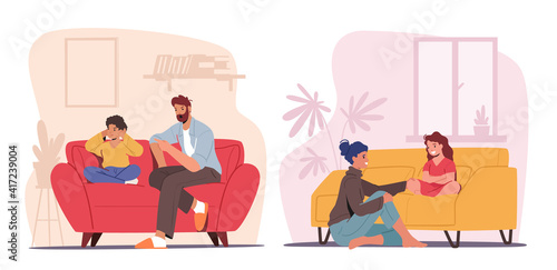 Children and Parents Talking Concept. Father and Mother Characters Talk to Son or Daughter. . Family Relation, Parenting