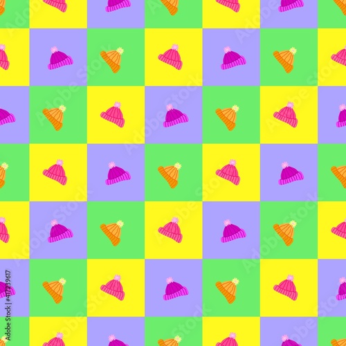 Knitted hats seamless pattern on colored background. Seamless ornate of cute cozy winter knit hats and caps. Pink, lilac, yellow winter hats and square colored elements. Hand drawn vector colorful