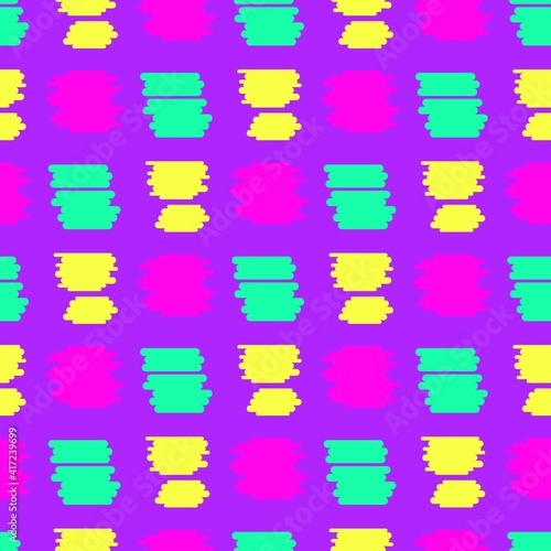 Splash seamless pattern on violet background. Abstract bright painted vector seamless background. Pink, blue and yellow abstract elements located parallel to the purple wall. Vector. Isolated. Texture