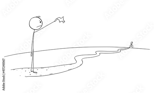 Man or father waving with handkerchief saying goodbye to girlfriend, woman or daughter leaving on the way. Vector cartoon stick figure or character illustration.