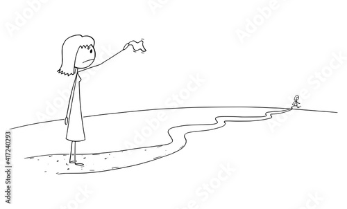 Woman or mother waving with handkerchief saying goodbye to girlfriend, woman or daughter leaving on the way. Vector cartoon stick figure or character illustration.