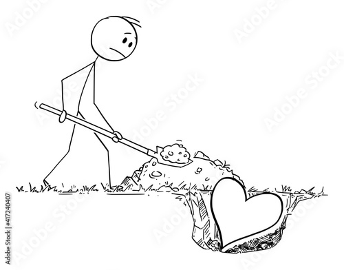 Man with shovel burying heart. Concept of lost love. Vector cartoon stick figure or character illustration.