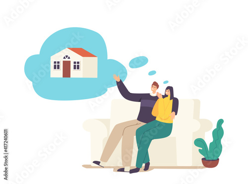 People Dream of Real Estate. Young Married Couple Characters on Sofa Dreaming of Family House. Cherished Desire