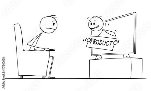 Man from TV commercial advertising product to viewer. Vector cartoon stick figure or character illustration.