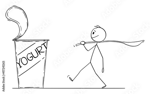 Man walking with big spoon to eat healthy yogurt. Concept of food and eating. Vector cartoon stick figure or character illustration.