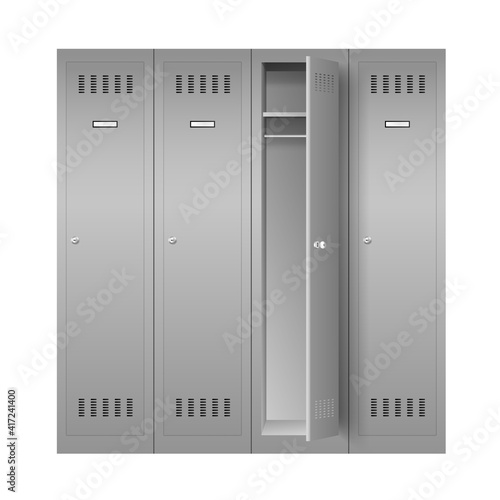 Steel lockers, set of realistic metal cabinets for school or gym changing room
