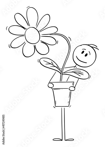 Man or lover holding big plant or flower in pot or flowerpot. Vector cartoon stick figure or character illustration.