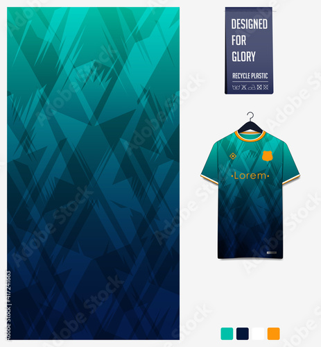 Fabric pattern design. Geometric pattern on green background for soccer jersey, football kit or sports uniform. T-shirt mockup template. Soccer jersey pattern. Abstract background.