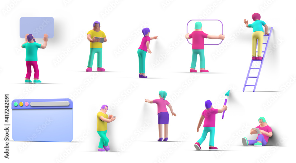 3D People in different poses isolated on white background 3D rendering illustration. UI UX Design website app Team working with browser 3D People in different poses isolated on white background 3D rendering illustration. UI UX Design website app Team working with browser