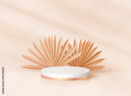 Minimal modern 3d realistic round pedestal with tropical leaves. Nomination award stand mockup