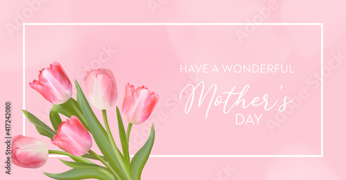 Happy Mothers Day banner. Vector greeting spring background. Realistic tulip flowers design