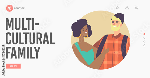 Multicultural and Multiracial Family Landing Page Template. Characters Caucasian Husband, African American Wife Hugging
