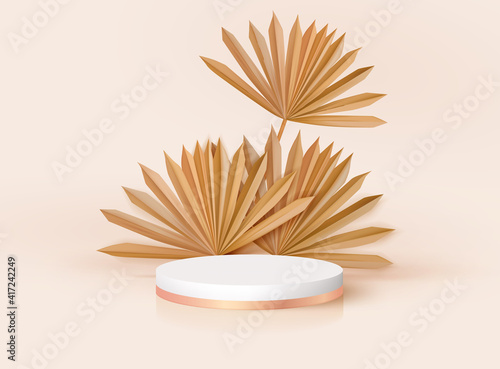 Minimal 3d realistic round pedestal with tropical leaves. Modern nomination award stand mockup