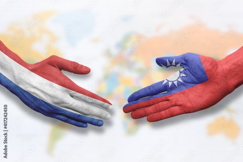 The Netherlands and Taiwan - Flag handshake symbolizing partnership and cooperation The Netherlands and Taiwan - Flag handshake symbolizing partnership and cooperation